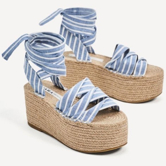 Zara Trafaluc Jute Stripe Tie Up Platform Espadrille Sandal Size 40